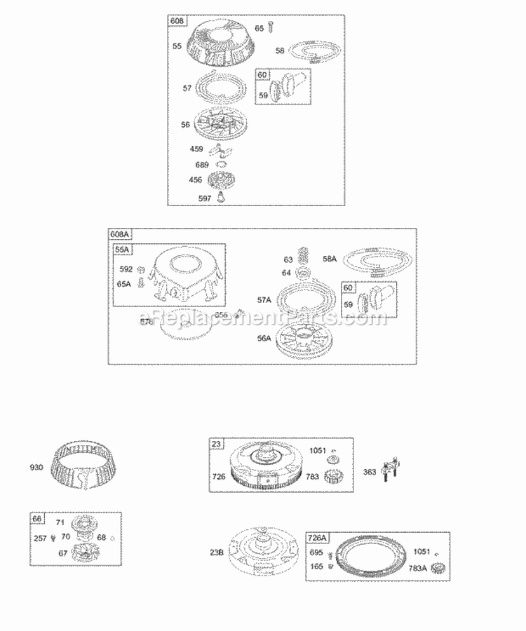 Flywheel Rewind Starter Diagram and Parts List for 28M706-1031-E1  Briggs and Stratton Engine